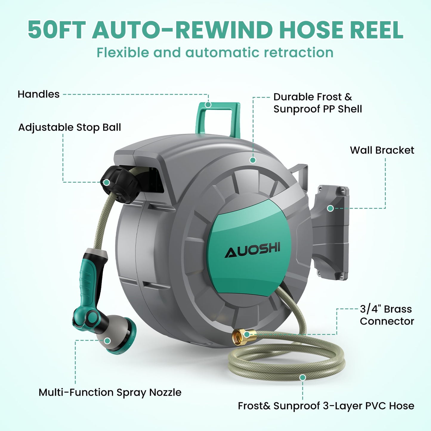 15m (50ft) Retractable Garden Hose Reel with 10-Pattern Spray Nozzle, Automatic Rewind, UV-Resistant PVC Hose, Wall-Mounted with 180° Swivel Bracket