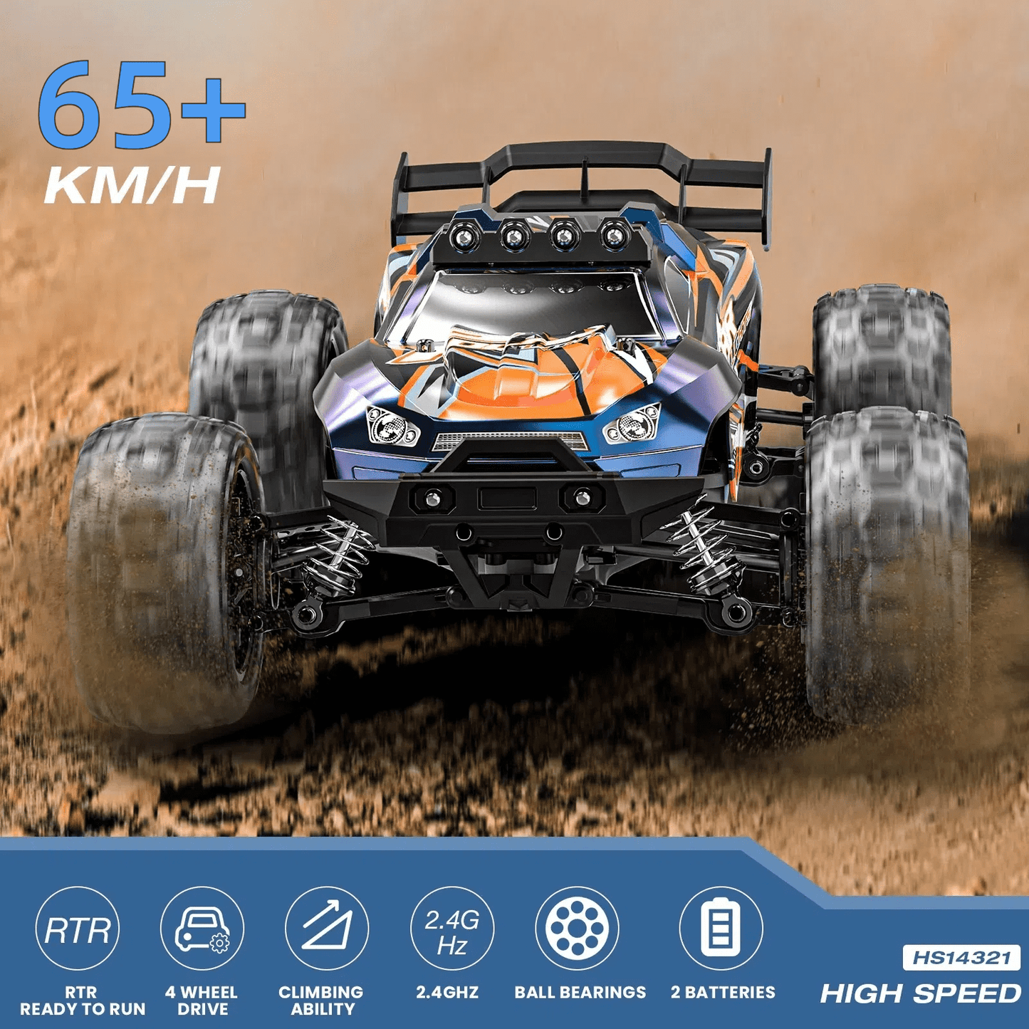 Fast RC Toy Car 40+MPH All-Terrain Remote Control Truck, 4WD Off-Road 1:14 Scale, 70 Min Runtime, 2 Batteries, LED Lights, Waterproof, Center Metal Drive Shaft – Gift for Kids, Teens & Adults