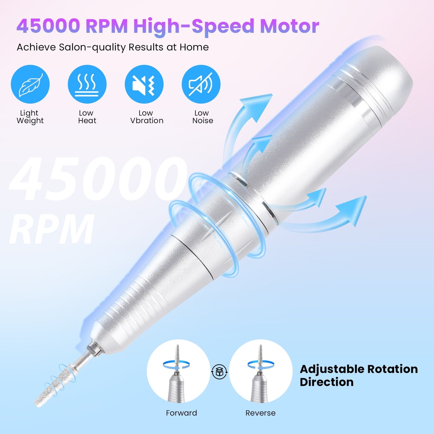 Professional Nail Drill Kit 45000 RPM, Rechargeable Electric Nail File , Cordless E-File Machine with LCD Display & 24 Drill Bits for Acrylic, Gel Nails & Cuticle Care