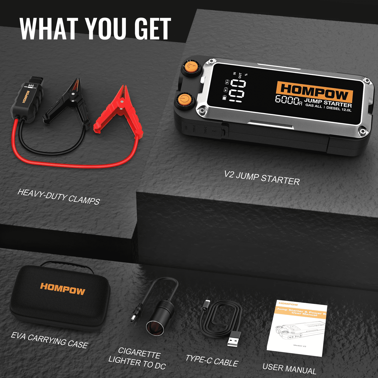 7000A Car Jump Starter, 32000mAh Portable Battery Booster Box for All Gas & Up to 12L Diesel Engines, 12V Jump Box with LCD Display, LED Flashlight, USB & Type-C Fast Charging