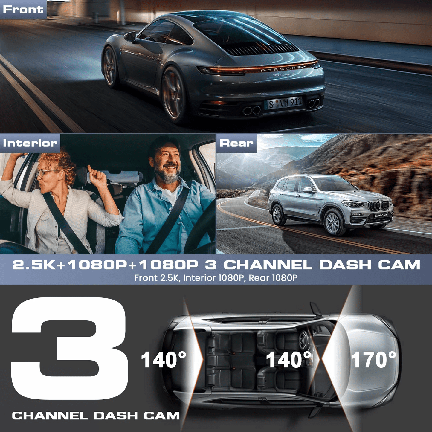 3 Channel Dash Cam Front and Rear Inside, 4K/2.5K + 1080P Dash Camera for Cars with Wi-Fi GPS, Night Vision, Backup Camera, 3.16" IPS Screen, 24H Parking Mode, WDR, Type-C, 64GB SD Card Includ