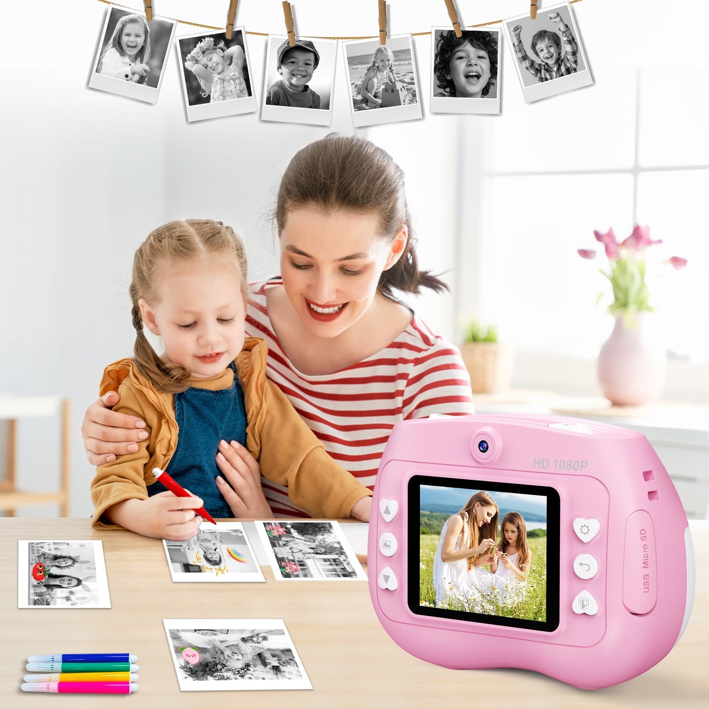 Kids Camera Instant Print, 1080P HD Digital Cameras with 32GB Storage Card & 4 Paper Rolls, Gift for Boys & Girls Ages 4-12 - Pink