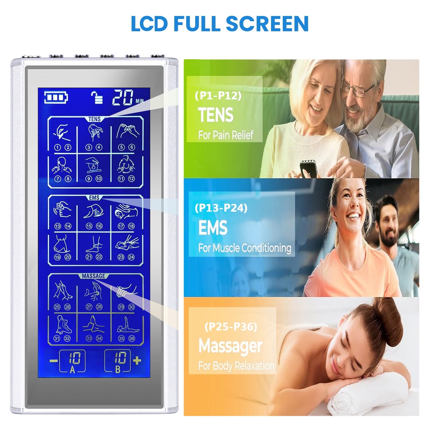 3-in-1 TENS Unit Rechargeable Muscle Stimulator 36 Modes EMS Dual Channel with 10 Reusable Electrode Pads for Back Neck Pain Muscle Therapy Pain Management Pulse Massager