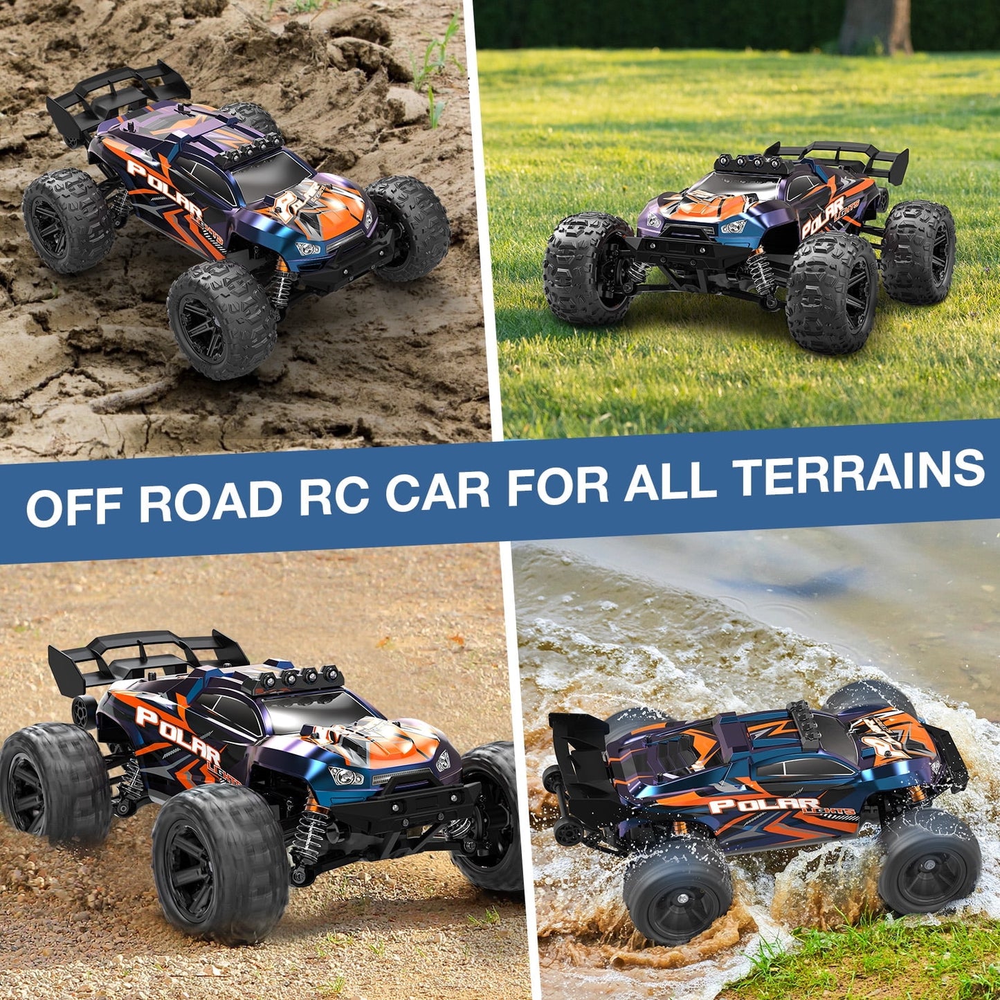 Fast RC Toy Car 40+MPH All-Terrain Remote Control Truck, 4WD Off-Road 1:14 Scale, 70 Min Runtime, 2 Batteries, LED Lights, Waterproof, Center Metal Drive Shaft – Gift for Kids, Teens & Adults
