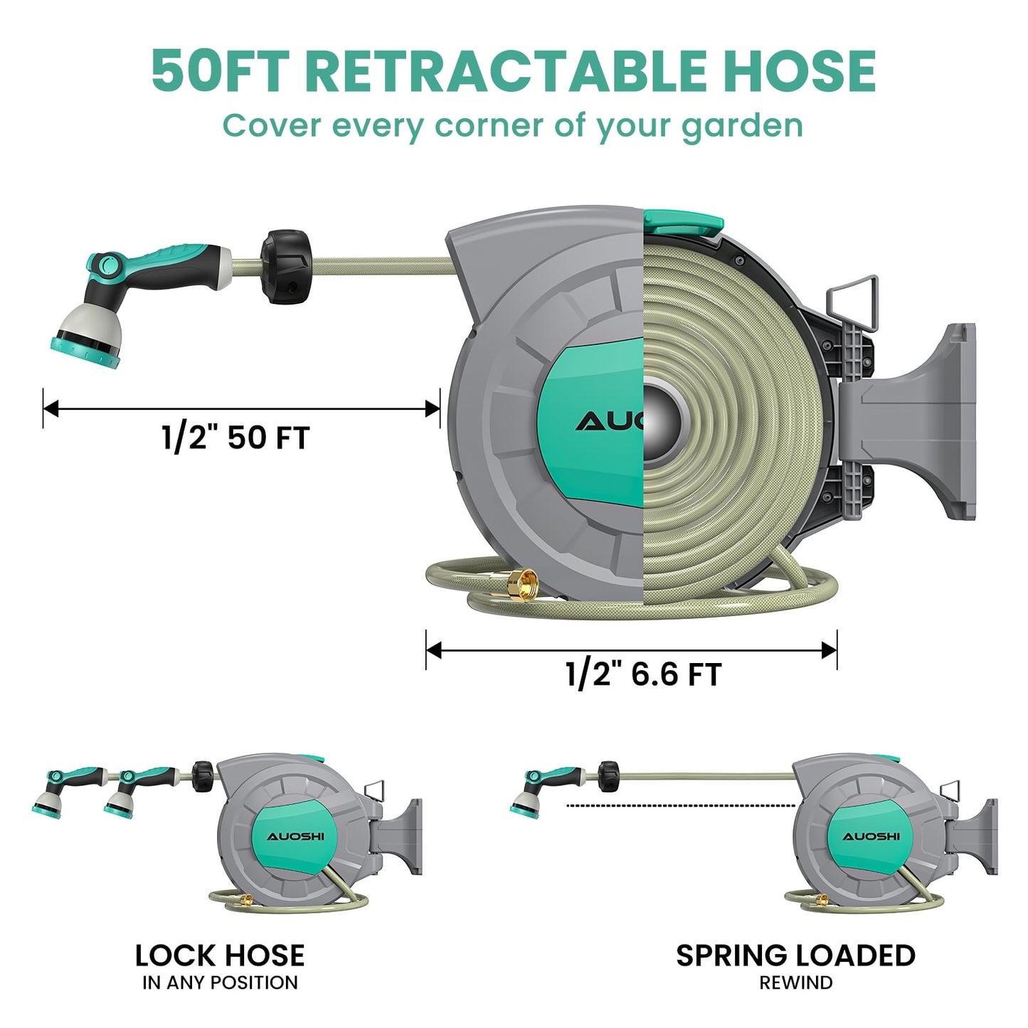 15m (50ft) Retractable Garden Hose Reel with 10-Pattern Spray Nozzle, Automatic Rewind, UV-Resistant PVC Hose, Wall-Mounted with 180° Swivel Bracket