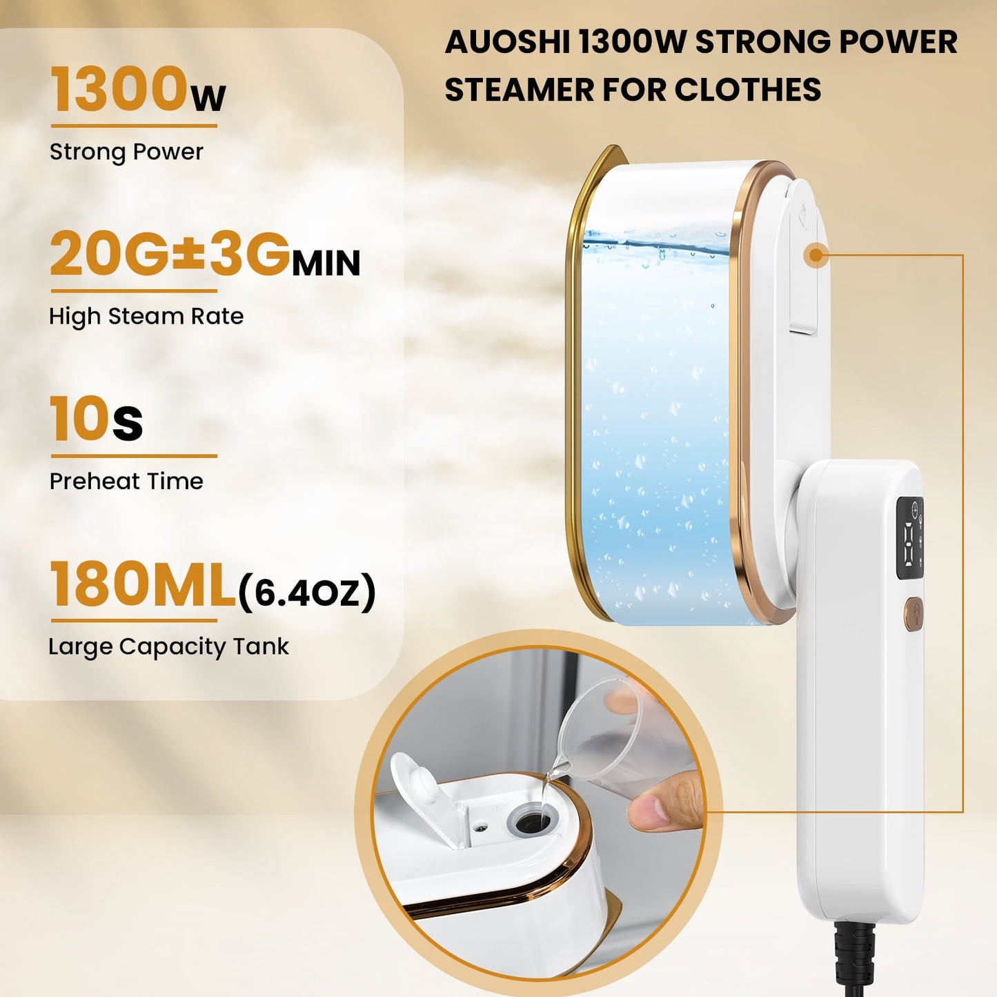 Handheld Travel Steamer for Clothes – 1300W Portable Garment Steamer, 180ml Large Tank, Fast Heat in 10s, Wrinkle Remover for Home, Office & Travel