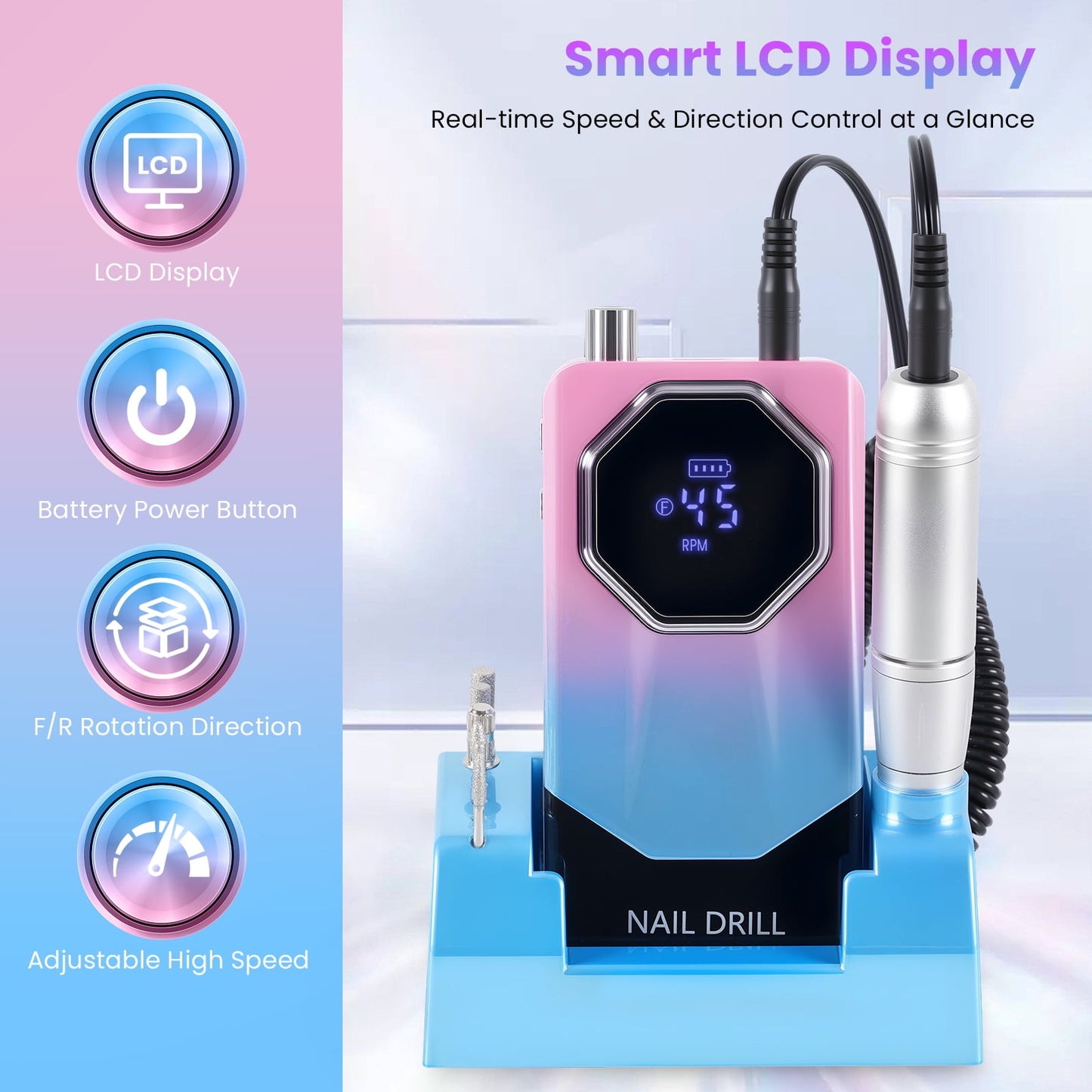 Professional Nail Drill Kit 45000 RPM, Rechargeable Electric Nail File , Cordless E-File Machine with LCD Display & 24 Drill Bits for Acrylic, Gel Nails & Cuticle Care