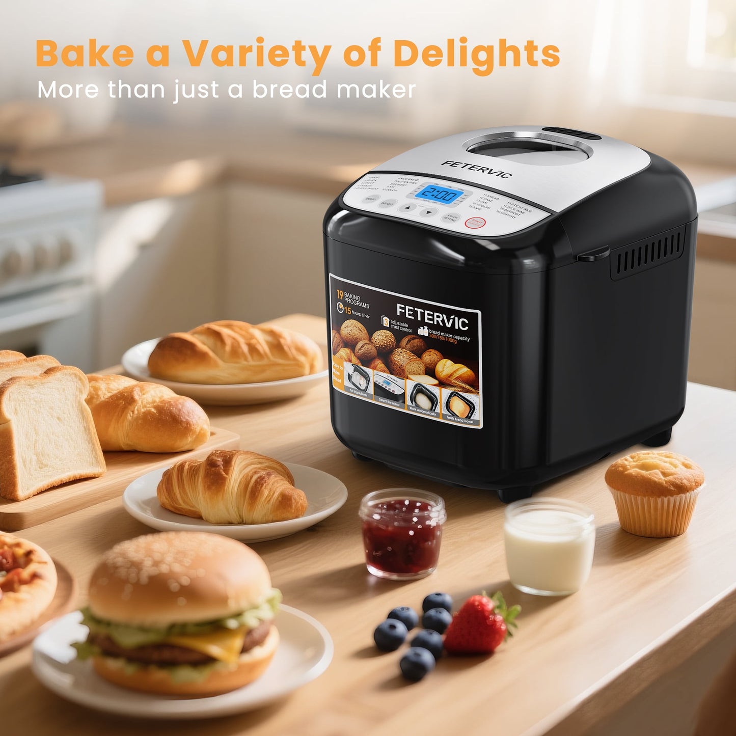 19-IN-1 Bread Maker, 2LB Bread Machine Nonstick Ceramic Pan Bread Maker Machine for Gluten Free/Dough Maker/Dried Meat Floss/Jam/Yogurt, Breadmaker Recipe,Black