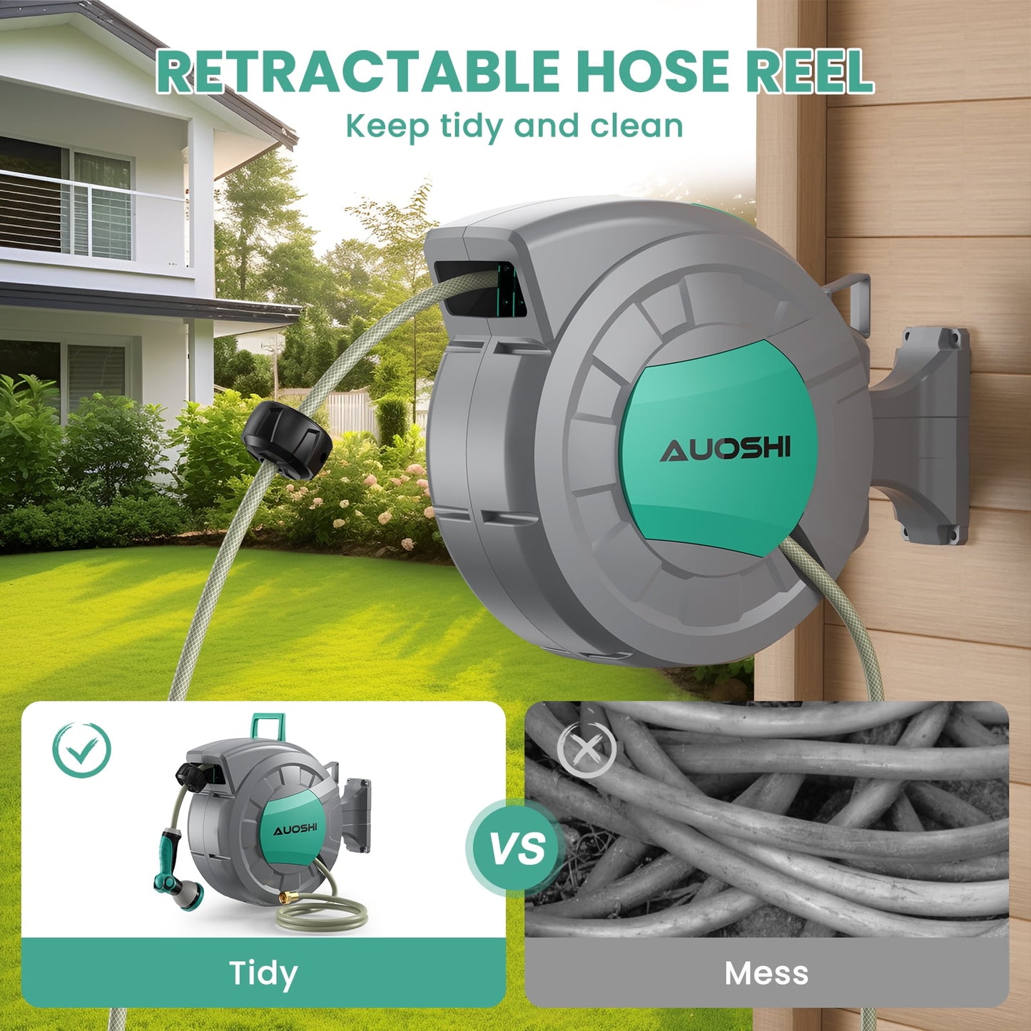 15m (50ft) Retractable Garden Hose Reel with 10-Pattern Spray Nozzle, Automatic Rewind, UV-Resistant PVC Hose, Wall-Mounted with 180° Swivel Bracket