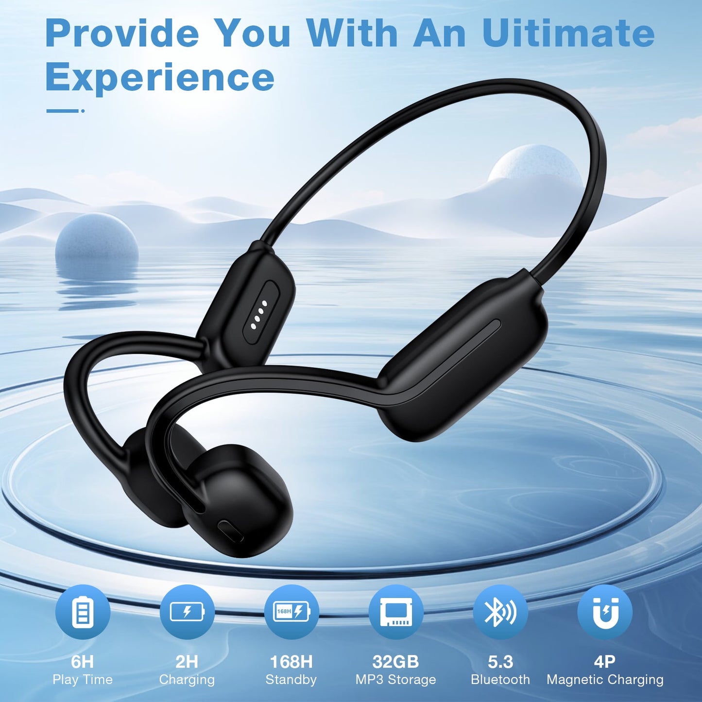 IP68 Waterproof Open Ear Bone Conduction Headphones, Wireless Bluetooth 5.3 Headset with Built-in 32GB Music Player, Underwater Sports Headphones for Swimming,Running,Cycling Workout Gym,Black