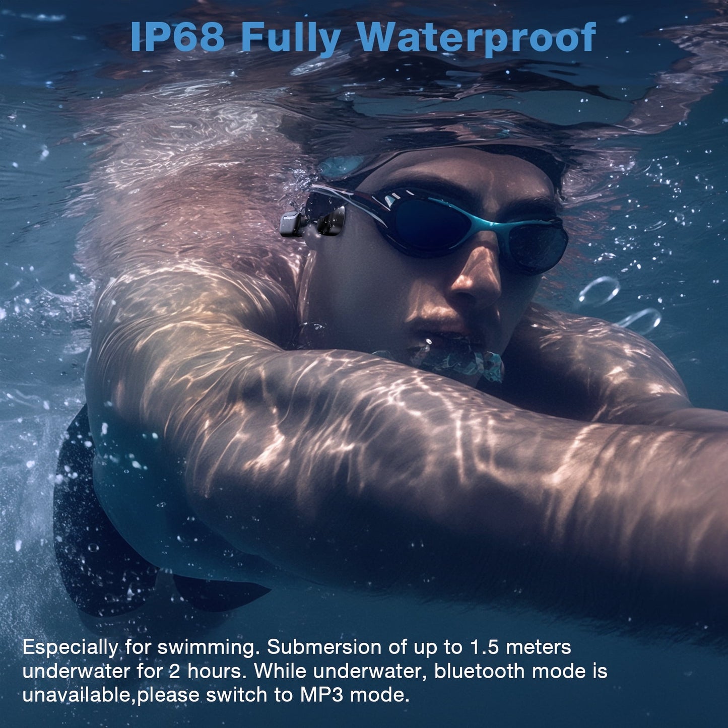 IP68 Waterproof Open Ear Bone Conduction Headphones, Wireless Bluetooth 5.3 Headset with Built-in 32GB Music Player, Underwater Sports Headphones for Swimming,Running,Cycling Workout Gym,Black