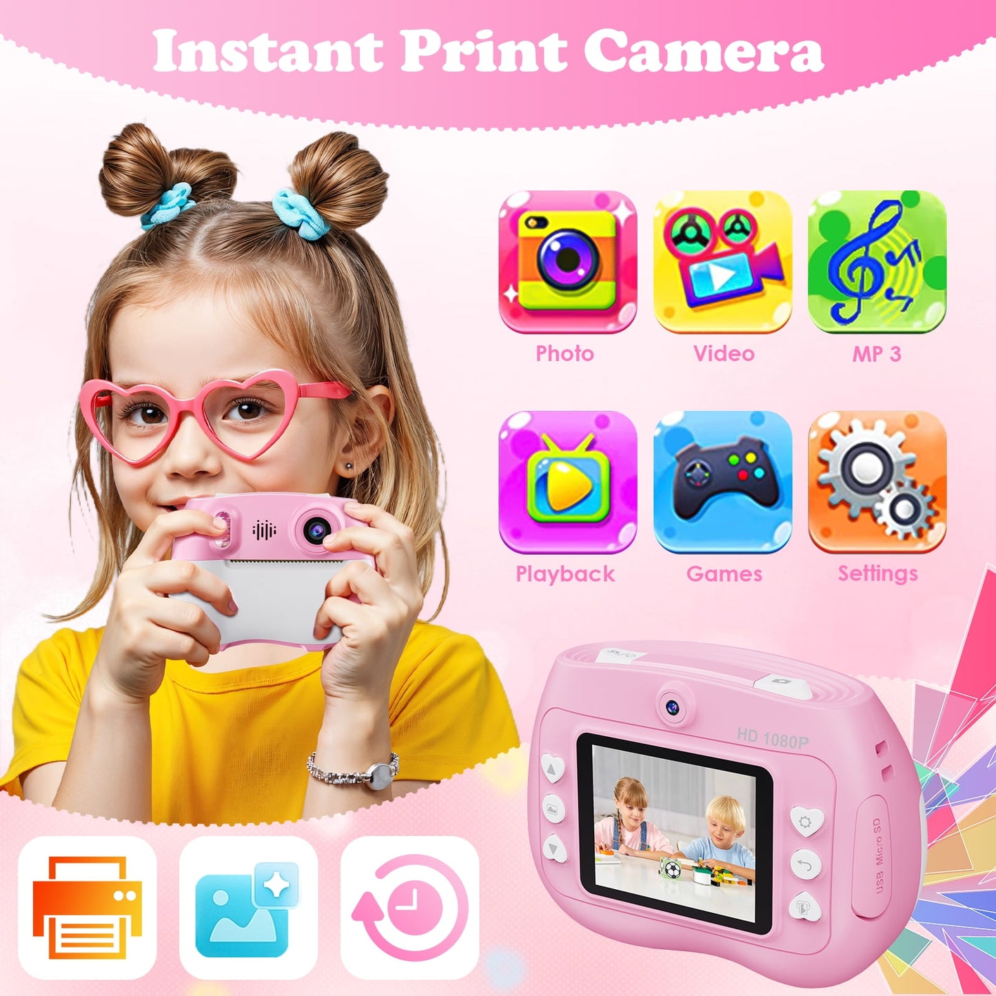 Kids Camera Instant Print, 1080P HD Digital Cameras with 32GB Storage Card & 4 Paper Rolls, Gift for Boys & Girls Ages 4-12 - Pink