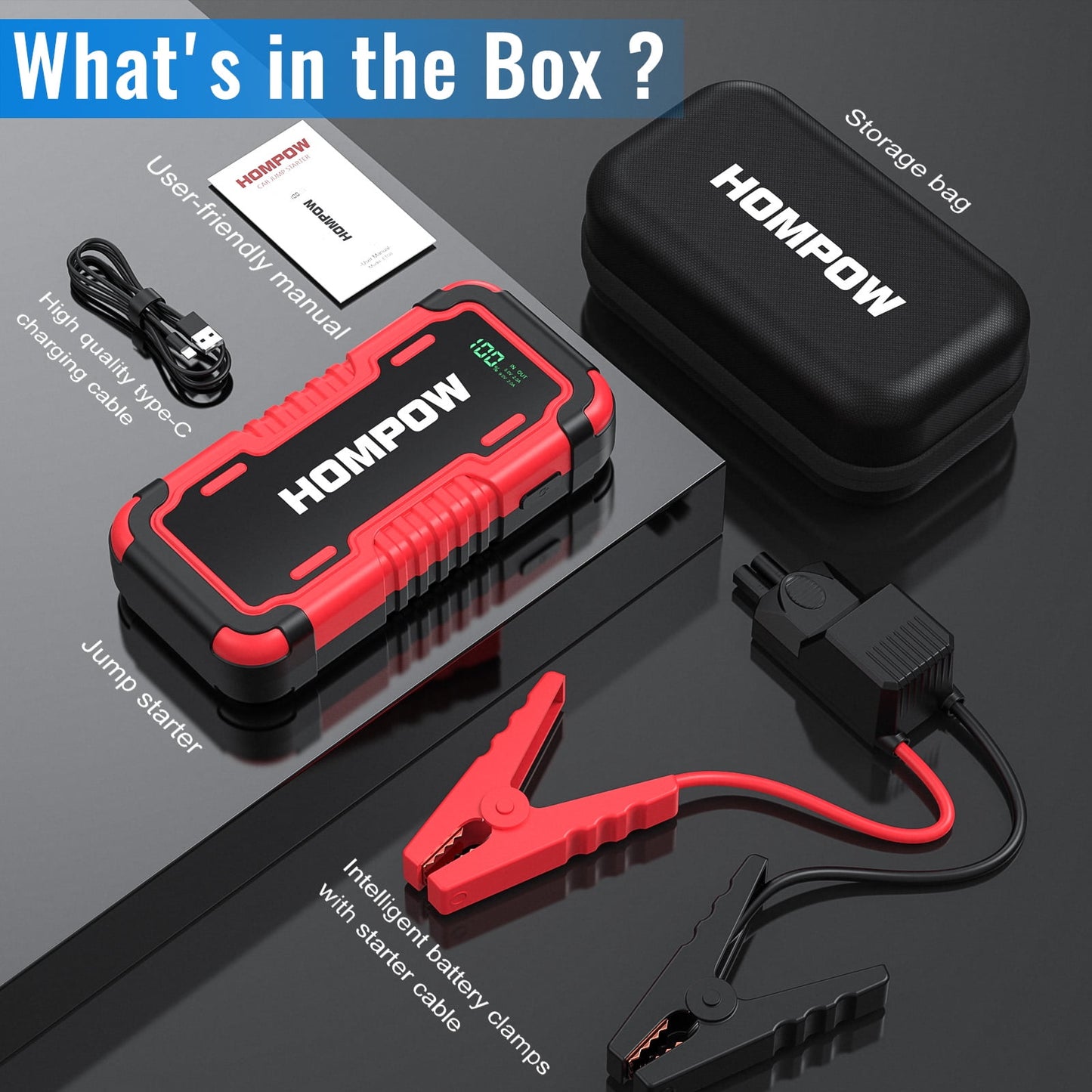 Car Jump Starter, 2000A Peak 18000mAh Lithium Jump Starter Battery Pack for up to 8L Gas or 6L Diesel Engine, Safe 12V Portable Battery Starter Power Pack with LED Screen & LED Light