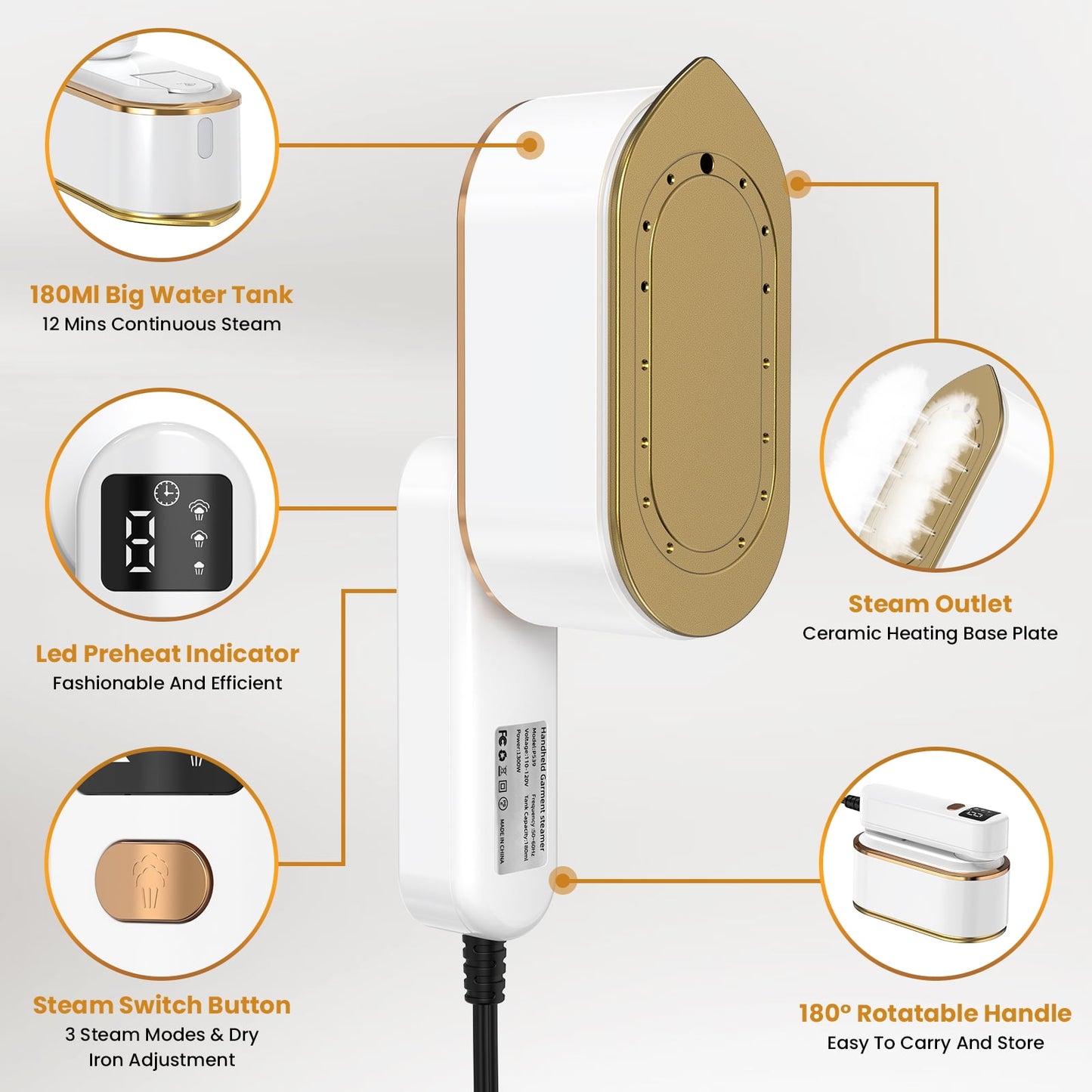 Handheld Travel Steamer for Clothes – 1300W Portable Garment Steamer, 180ml Large Tank, Fast Heat in 10s, Wrinkle Remover for Home, Office & Travel