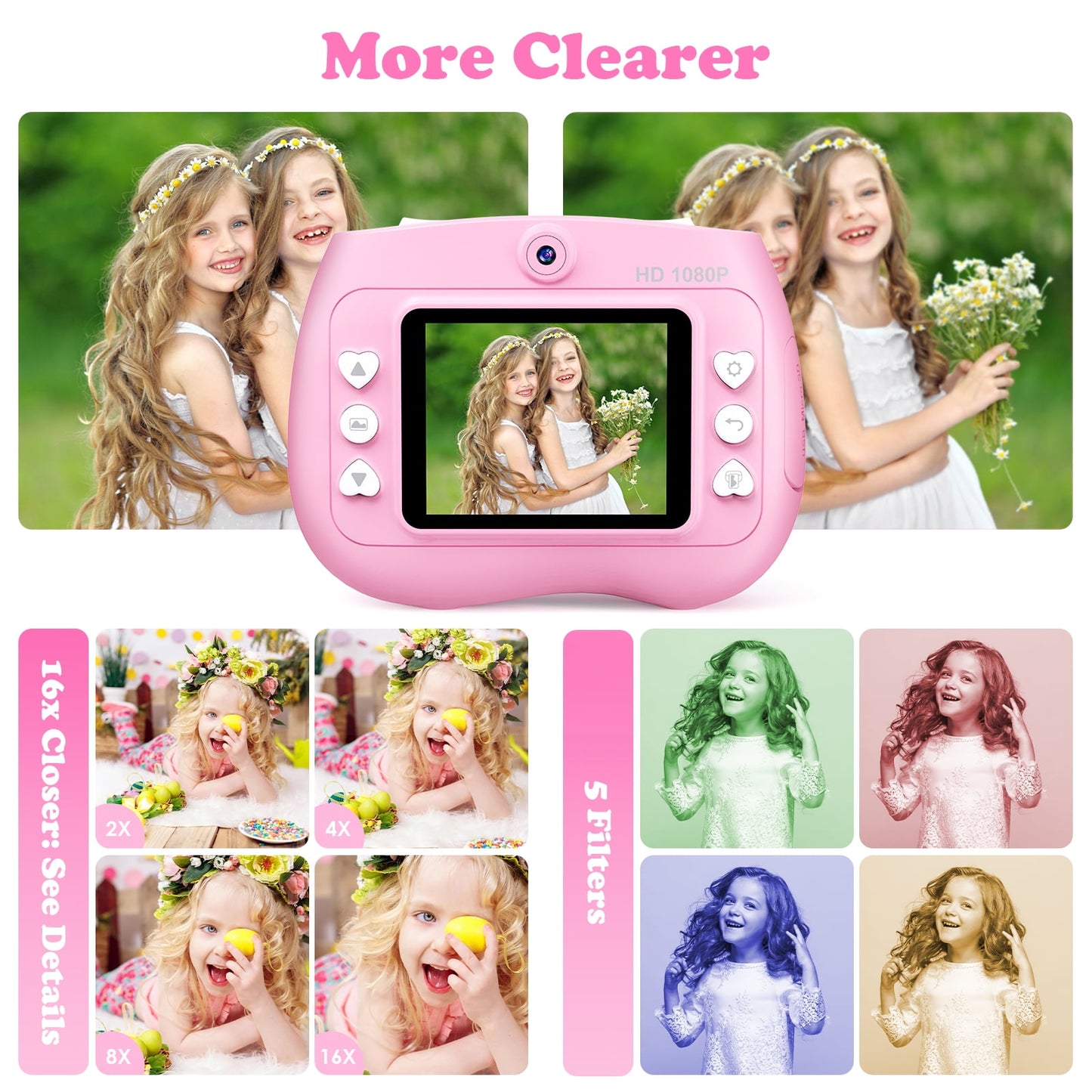 Kids Camera Instant Print, 1080P HD Digital Cameras with 32GB Storage Card & 4 Paper Rolls, Gift for Boys & Girls Ages 4-12 - Pink