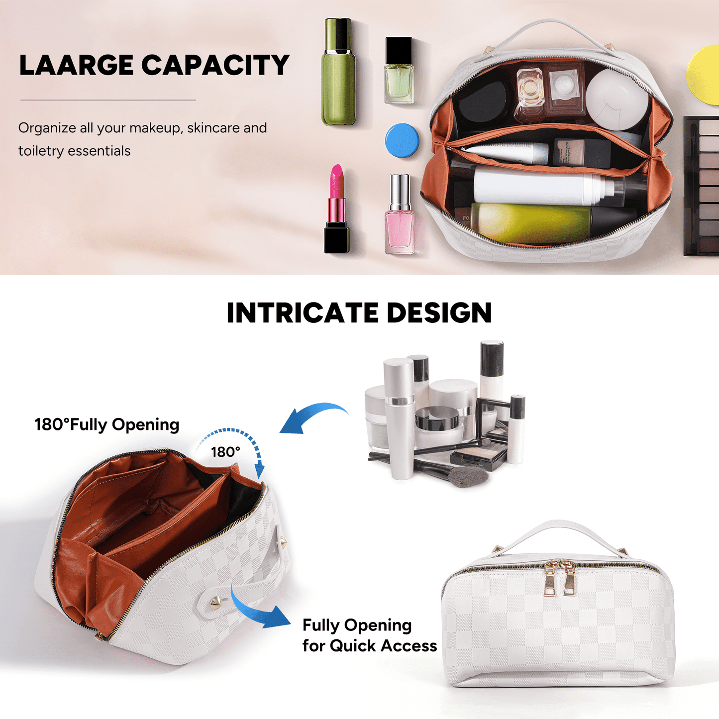 Travel Makeup Bag,Large Capacity Cosmetic Bags for Women,Waterproof Portable Pouch Open Flat Toiletry Bag Make up Organizer with Divider and Handle，White