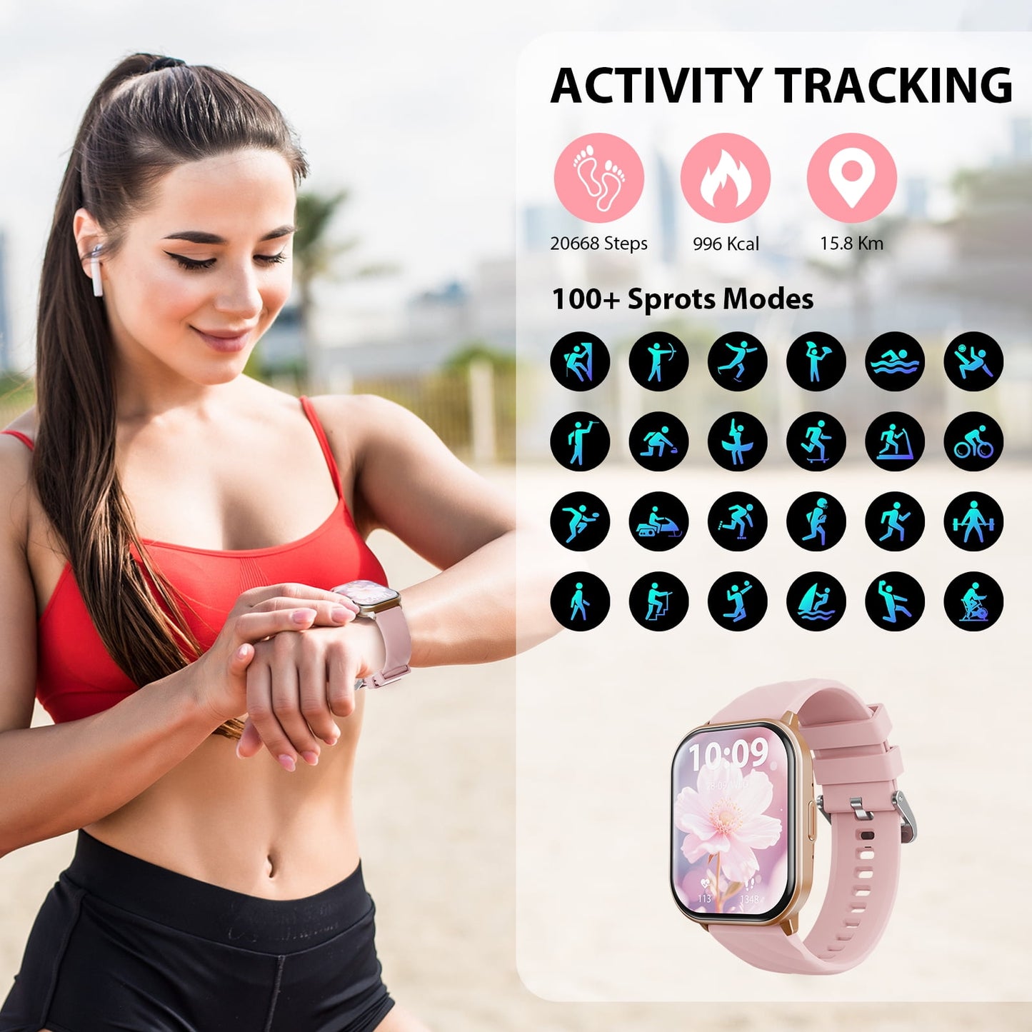 Smart Watch fits for Android & iPhone (Bluetooth Answer/Make Calls), 2.01 inch IP68 Waterproof Tracking Fitness, Sleep Monitor/Pedometer/Calories,Multiple Sports Modes,Pink