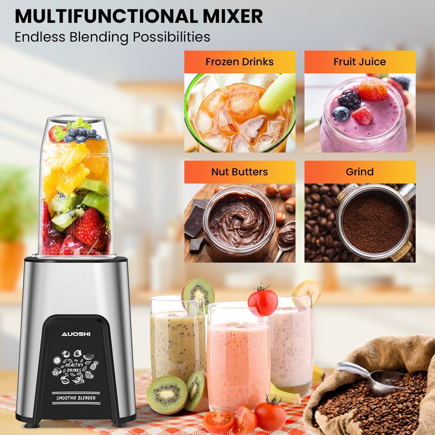 1000W Personal Blender for Smoothies and Shakes, Smoothie Maker with 6 Blades, 2*23 oz Cups, 1*10oz Grind Cup, Portable Blenders for Kitchen
