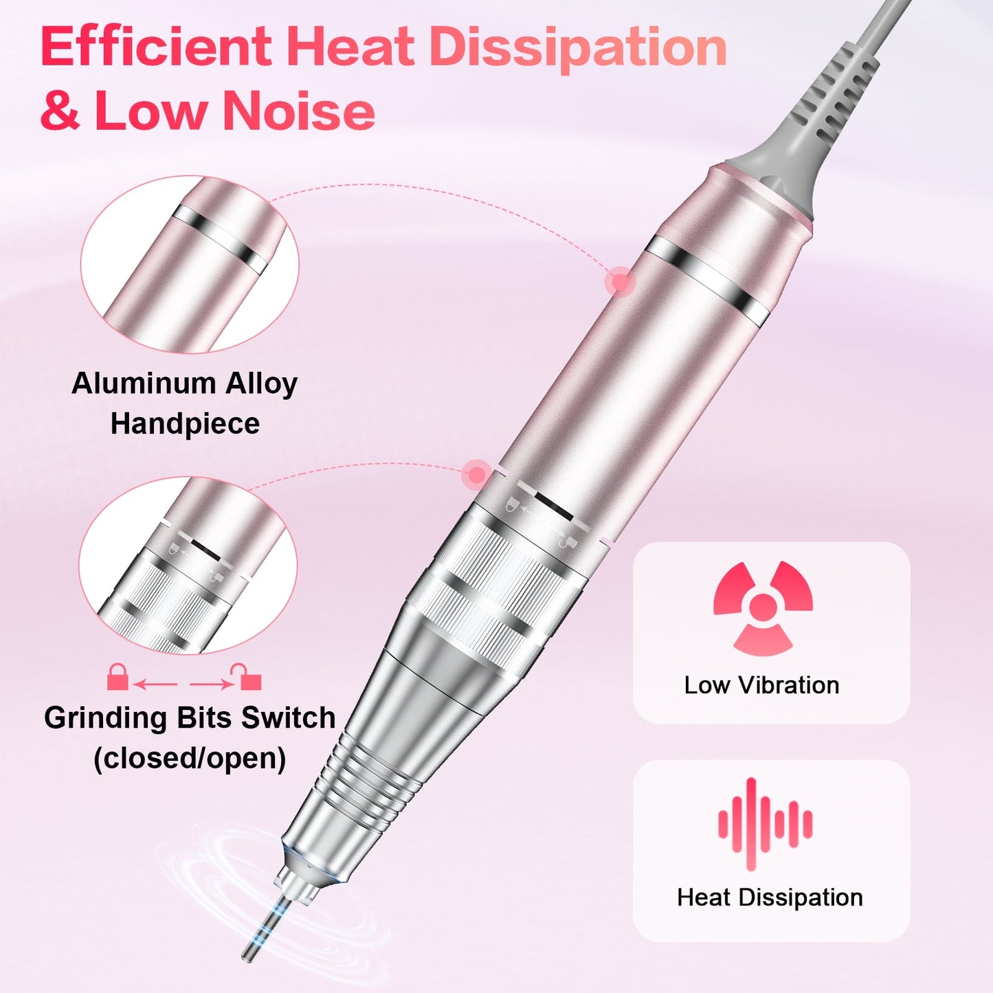 Electric Nail Drill Machine, 35000RPM Nail File Kit for Acrylic Gel Nails Polish Rechargeable Portable Manicure Pedicure Kit for Women Manicure Salon, Pink