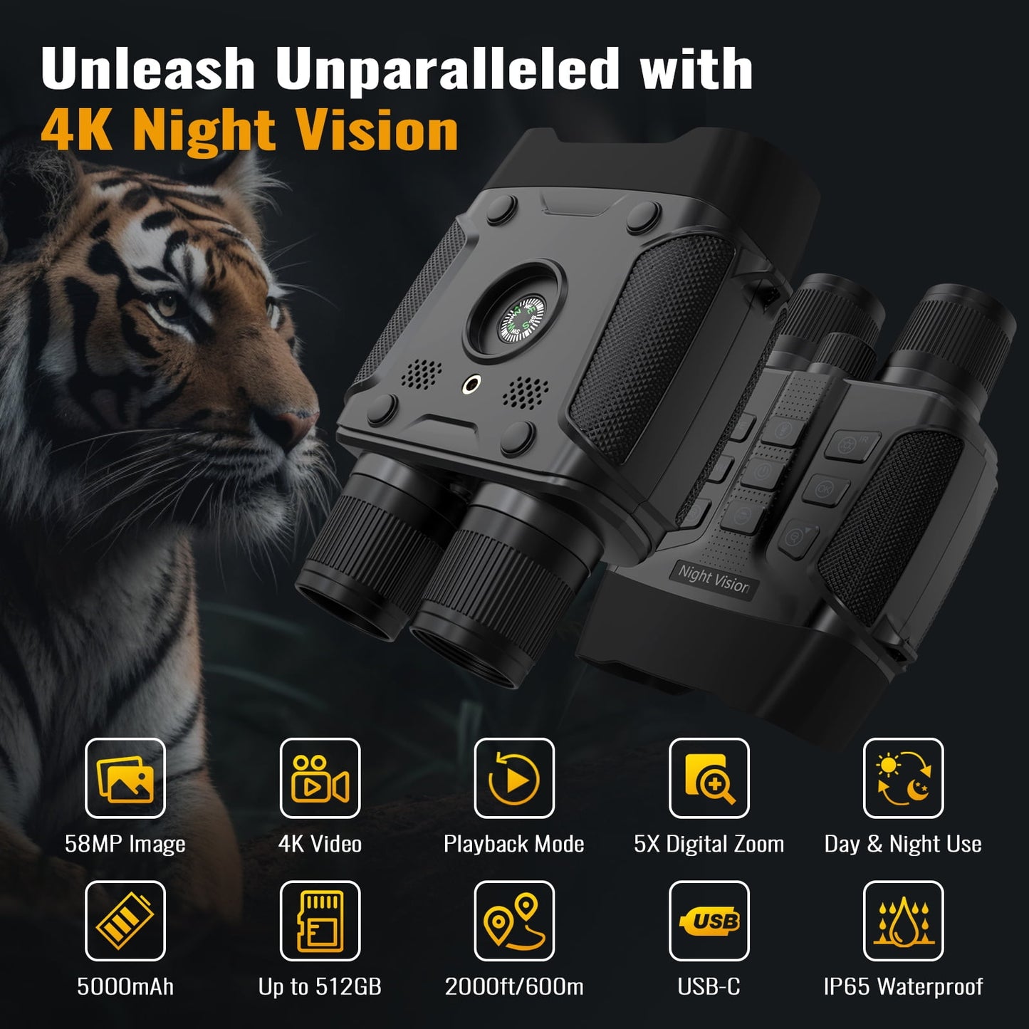 Night Vision Goggles,4K Video Recording,5x Zoom , with 32GB Memory Card & Rechargeable Lithium Battery ,IP65 Waterproof , Hunting Gear Binoculars for Adults