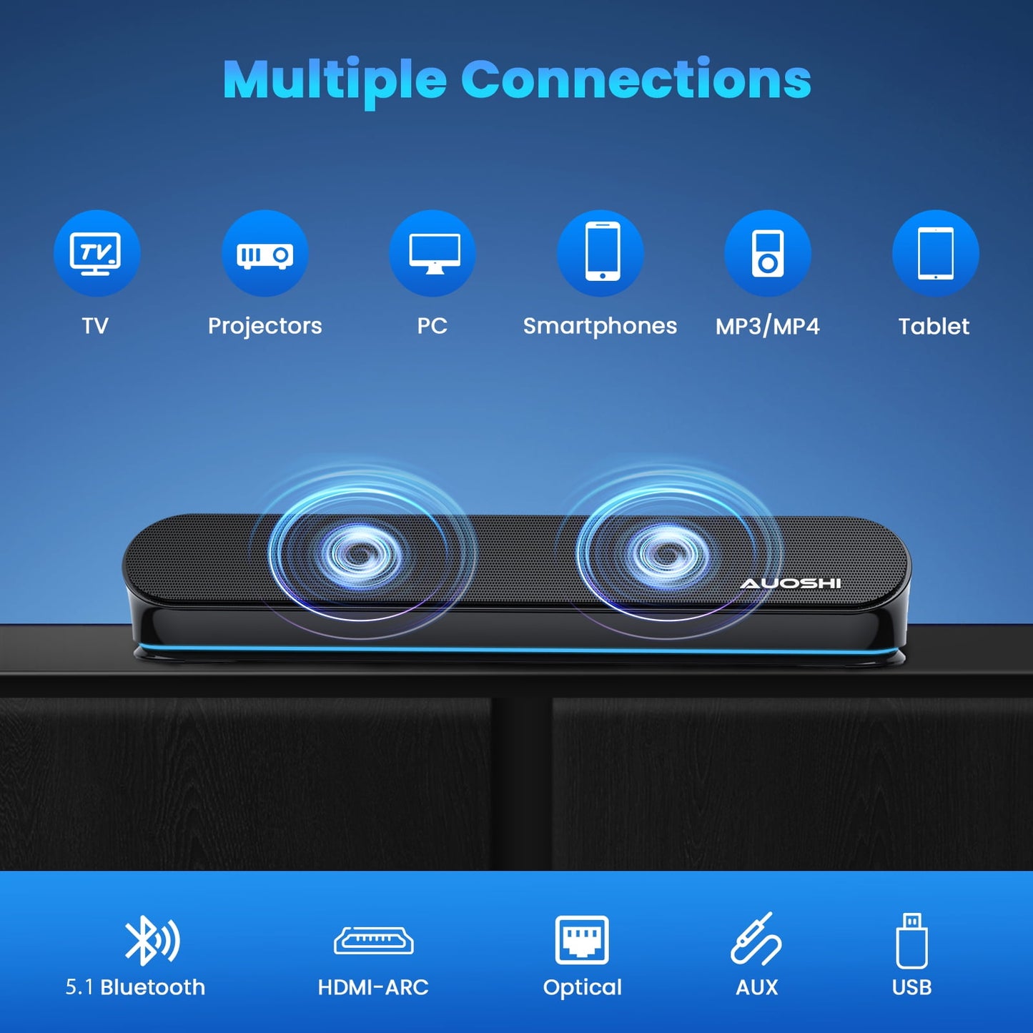 2.1ch Small Sound Bar for TV, 60W Bluetooth Soundbar with Subwoofer, 5 EQ Modes, HDMI ARC/Optical/AUX/USB, Home Theater Surround Sound System, Wall Mountable, Remote Control, 16.5 inch