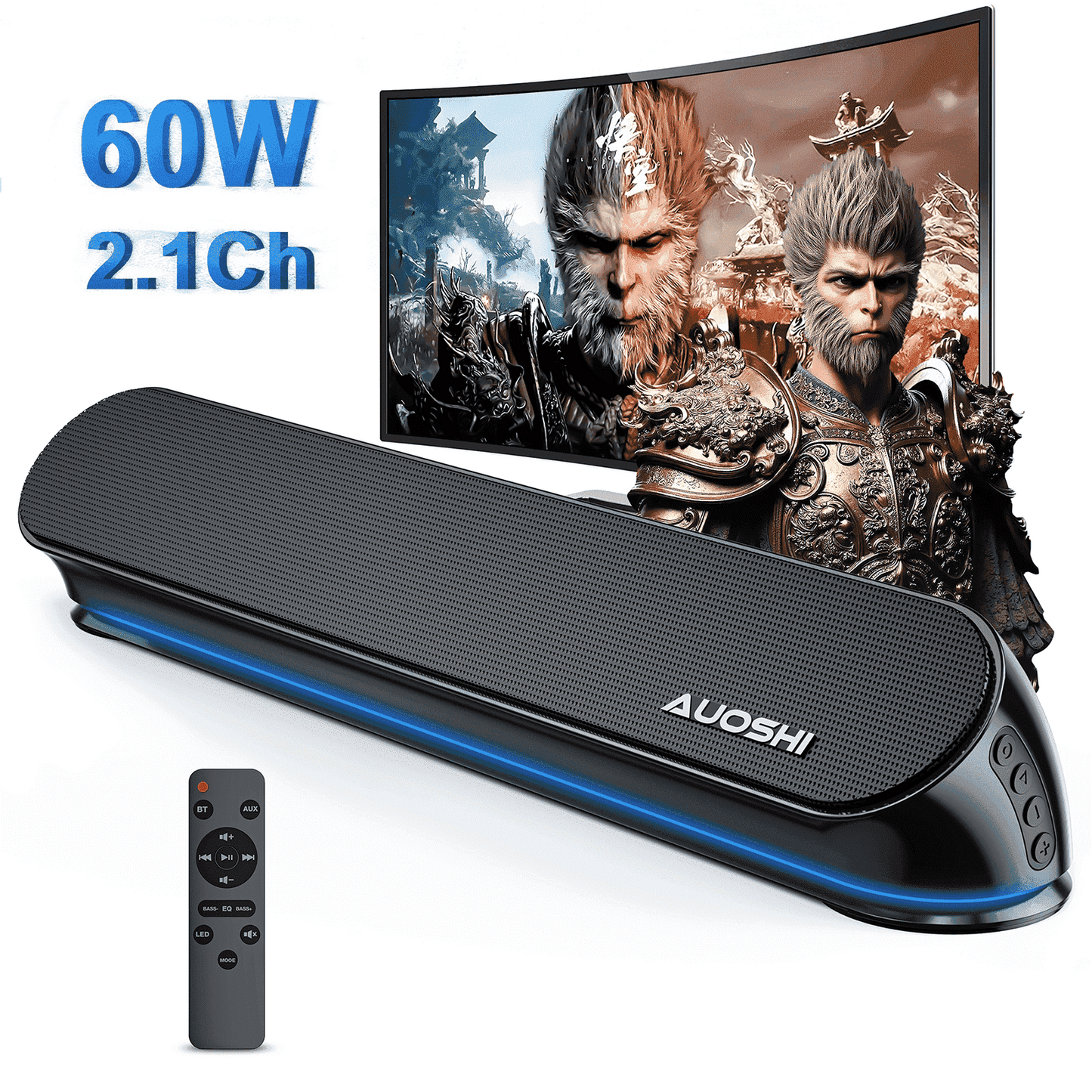2.1ch Small Sound Bar for TV, 60W Bluetooth Soundbar with Subwoofer, 5 EQ Modes, HDMI ARC/Optical/AUX/USB, Home Theater Surround Sound System, Wall Mountable, Remote Control, 16.5 inch