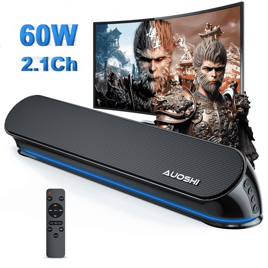 2.1ch Small Sound Bar for TV, 60W Bluetooth Soundbar with Subwoofer, 5 EQ Modes, HDMI ARC/Optical/AUX/USB, Home Theater Surround Sound System, Wall Mountable, Remote Control, 16.5 inch