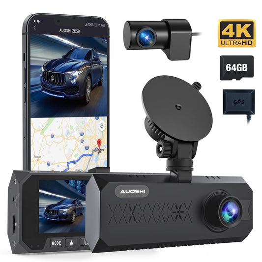 3-Channel Dash Cam Front Inside Rear, 4K/2.5K + 1080P with Wi-Fi GPS, 3.16" IPS Screen, Night Vision, Wide Angle, WDR, 24H Parking Mode, Type-C, Free 64GB SD Card, Supports 256GB Max
