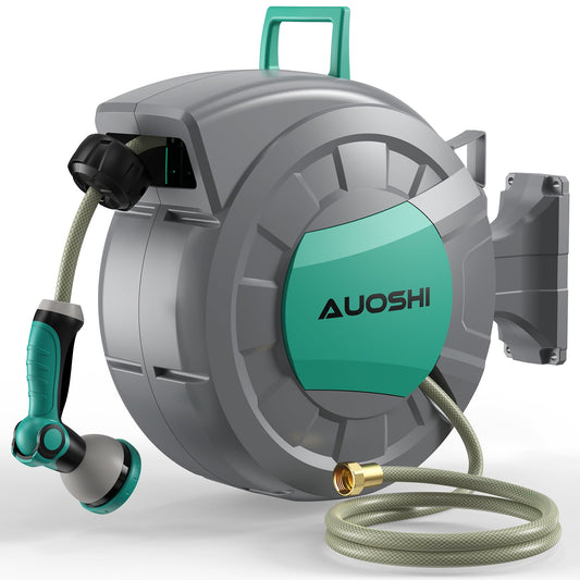 15m (50ft) Retractable Garden Hose Reel with 10-Pattern Spray Nozzle, Automatic Rewind, UV-Resistant PVC Hose, Wall-Mounted with 180° Swivel Bracket