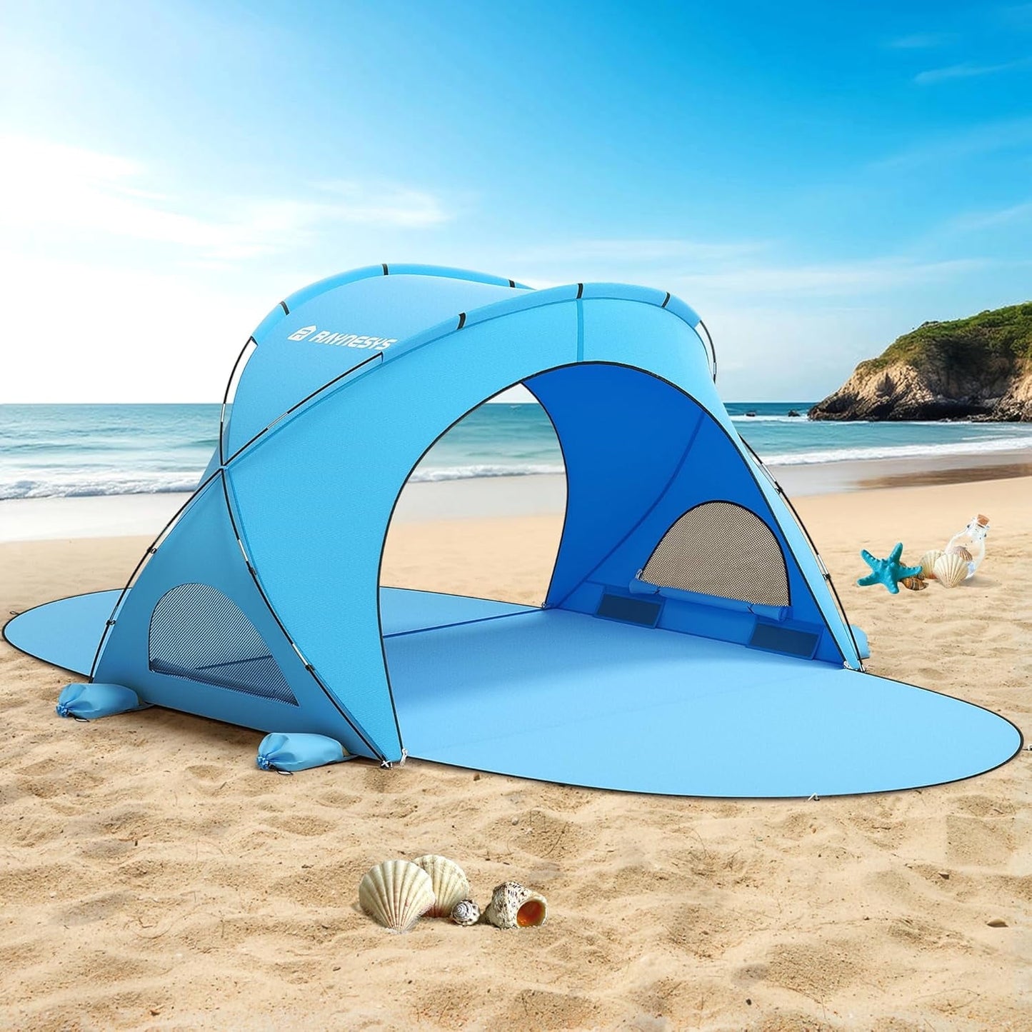 Pop Up Beach Tent for 3-6 Person, Portable Sun Shelter with Canopy, UPF 50+ UV Protection, Extendable Floor, Easy Setup Cabana