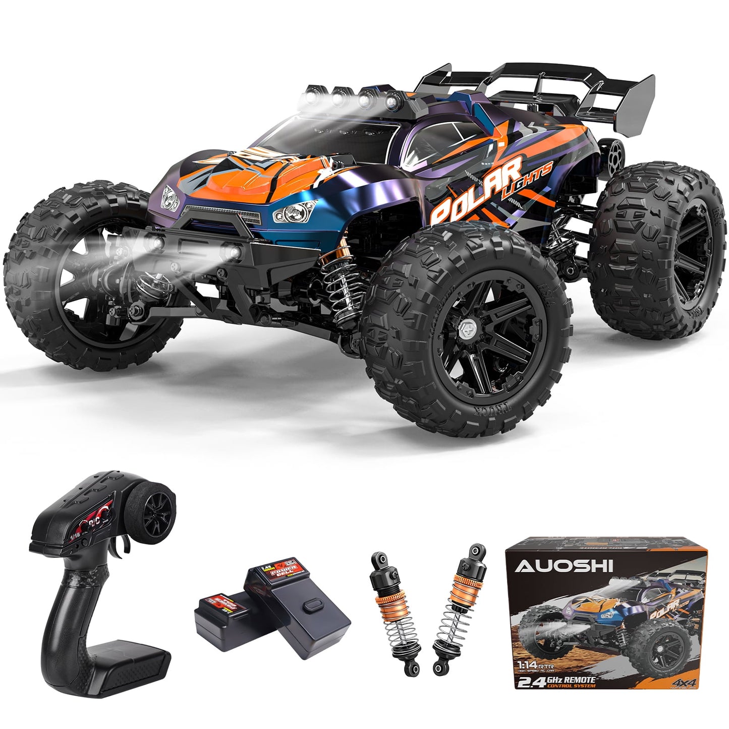 Fast RC Toy Car 40+MPH All-Terrain Remote Control Truck, 4WD Off-Road 1:14 Scale, 70 Min Runtime, 2 Batteries, LED Lights, Waterproof, Center Metal Drive Shaft – Gift for Kids, Teens & Adults