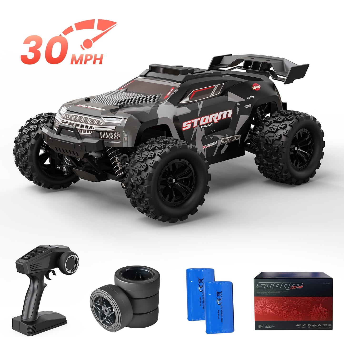 Upgraded 1:18 RC Car Remote Control Truck – 30MPH 4WD High Speed Toy for Boys with Metal Shaft, Alloy Differential, Dual Batteries, TPR Tires, Shock Absorbers, Gift for Kids & Beginners