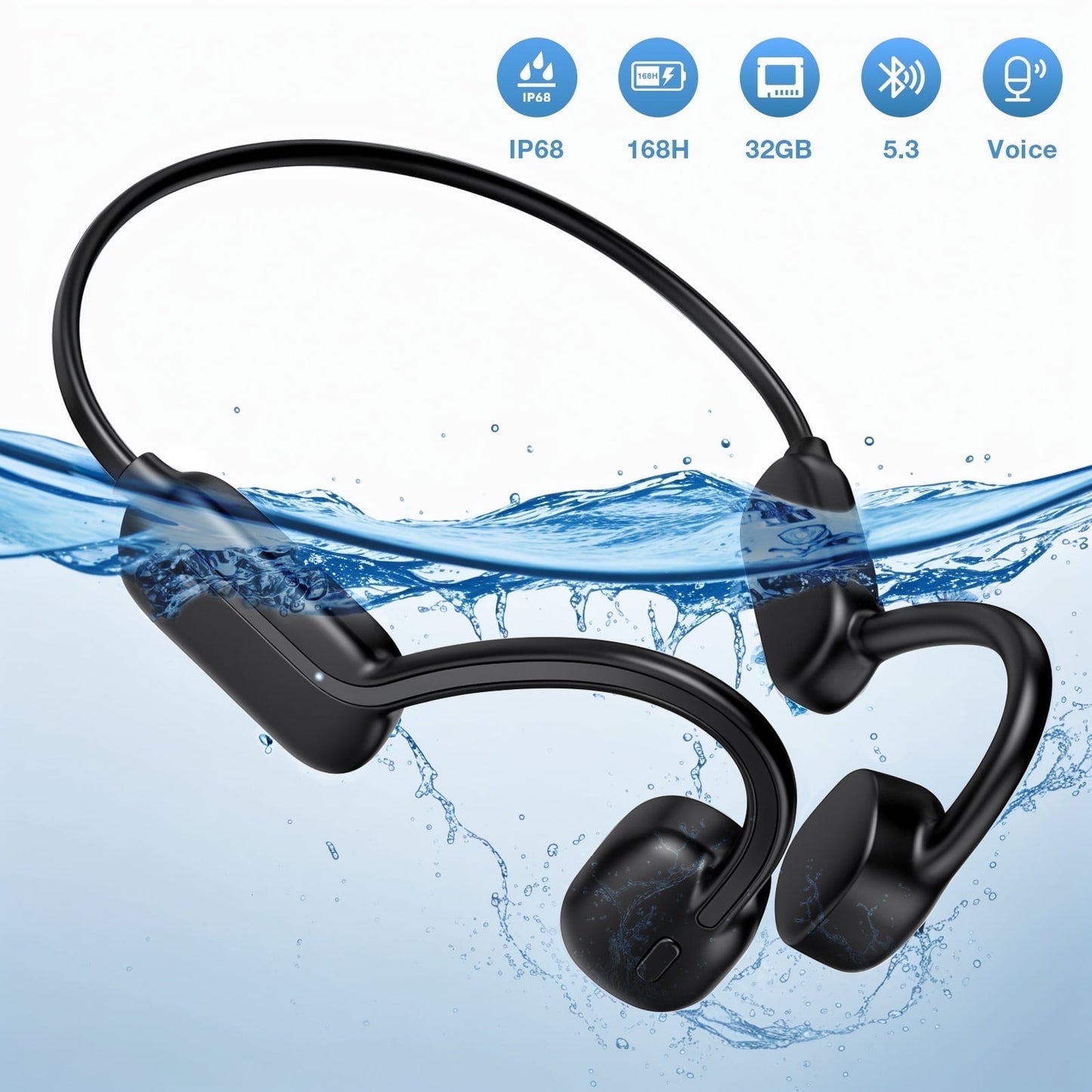 IP68 Waterproof Open Ear Bone Conduction Headphones, Wireless Bluetooth 5.3 Headset with Built-in 32GB Music Player, Underwater Sports Headphones for Swimming,Running,Cycling Workout Gym,Black