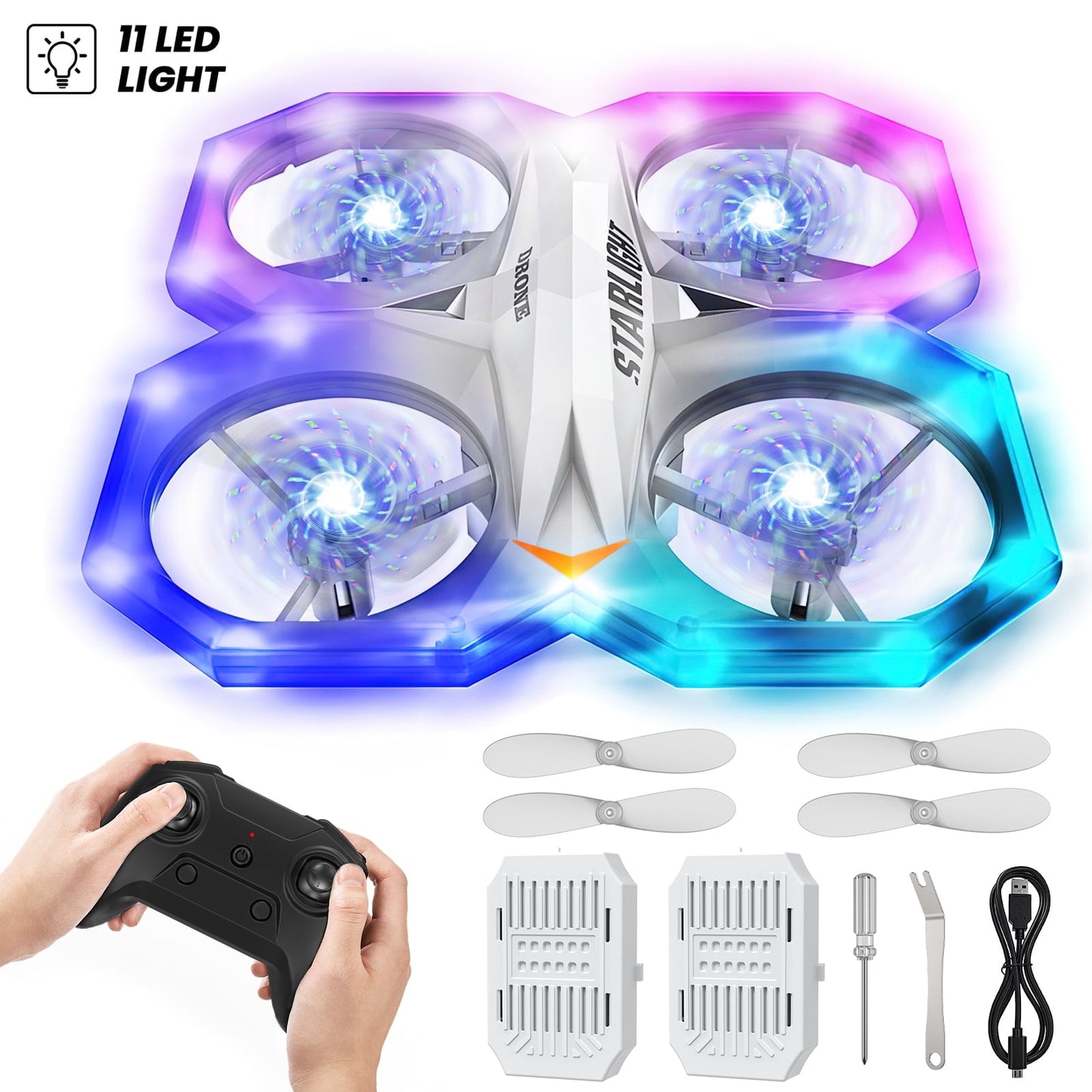 Mini RC Drone for Kids with 11 Light Modes,Drone with Remote Control, LED Quadcopter for Beginners Altitude Hold, Auto Hovering, 3D Flip, Headless Mode, White