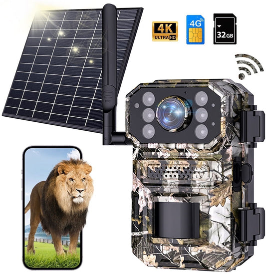 Trail Game Camera Solar Powered , 4G LTE Cellular WIFI Bluetooth 4K 48MPwith Night Vision , Dual Lens Security Camera Built-in SIM Card,0.5s Trigger Motion Activated Waterproof 120°Wide Angle
