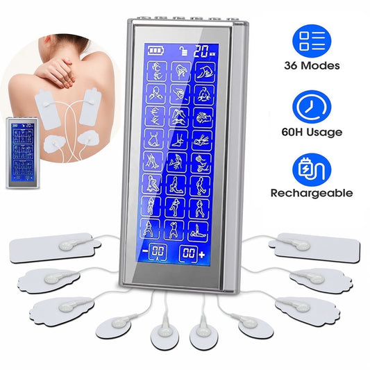3-in-1 TENS Unit Rechargeable Muscle Stimulator 36 Modes EMS Dual Channel with 10 Reusable Electrode Pads for Back Neck Pain Muscle Therapy Pain Management Pulse Massager