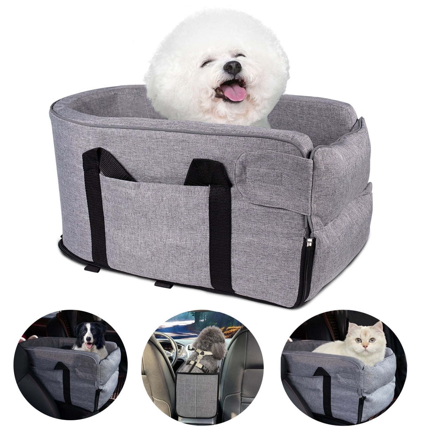 Dog Car Seat for Small Dogs, Pet Booster Seat, Fully Detachable and Washable, with Clip-on Safety Leash, Adjustable Straps for Small Pets up to 15lbs, Travel Carrier Bed, Grey