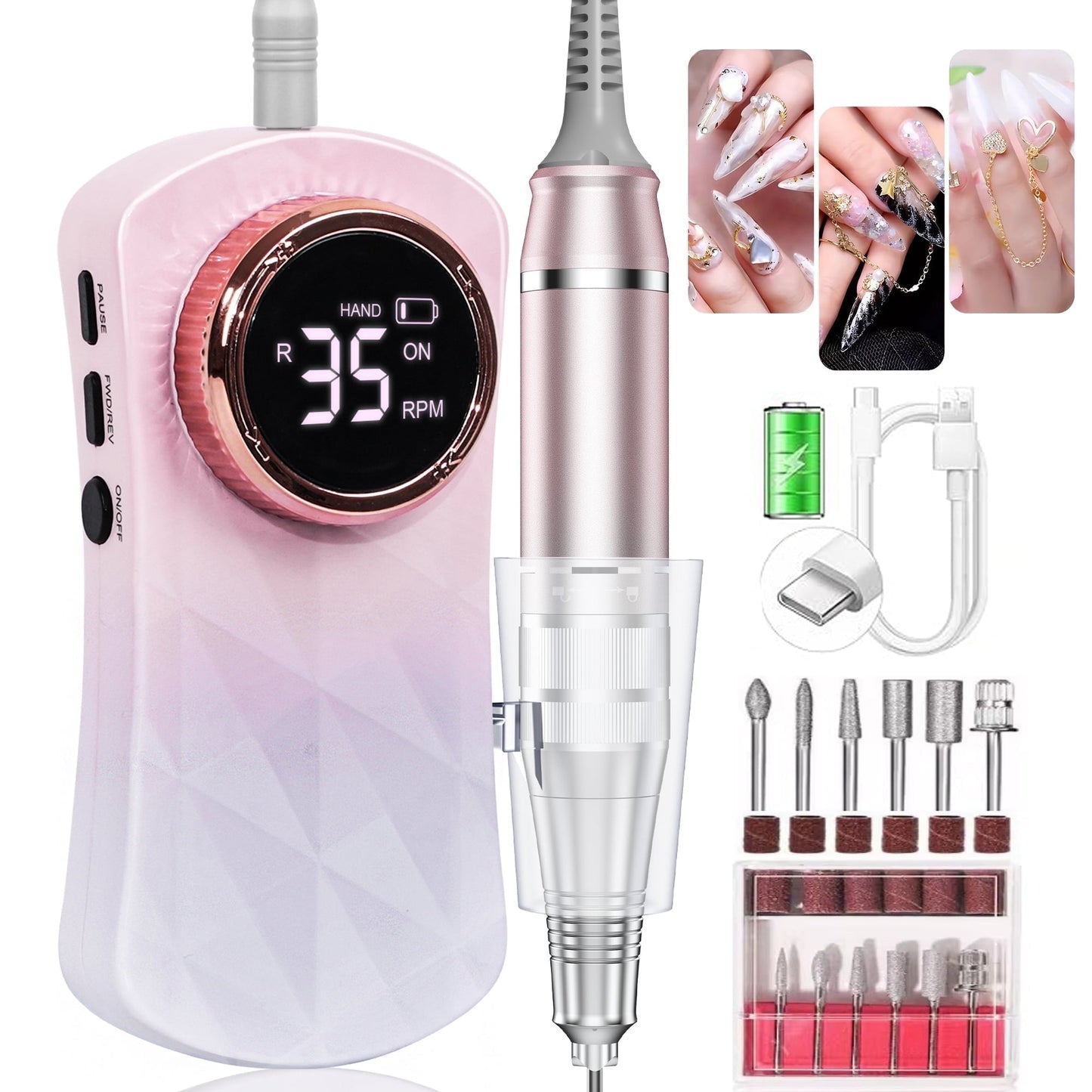Electric Nail Drill Machine, 35000RPM Nail File Kit for Acrylic Gel Nails Polish Rechargeable Portable Manicure Pedicure Kit for Women Manicure Salon, Pink