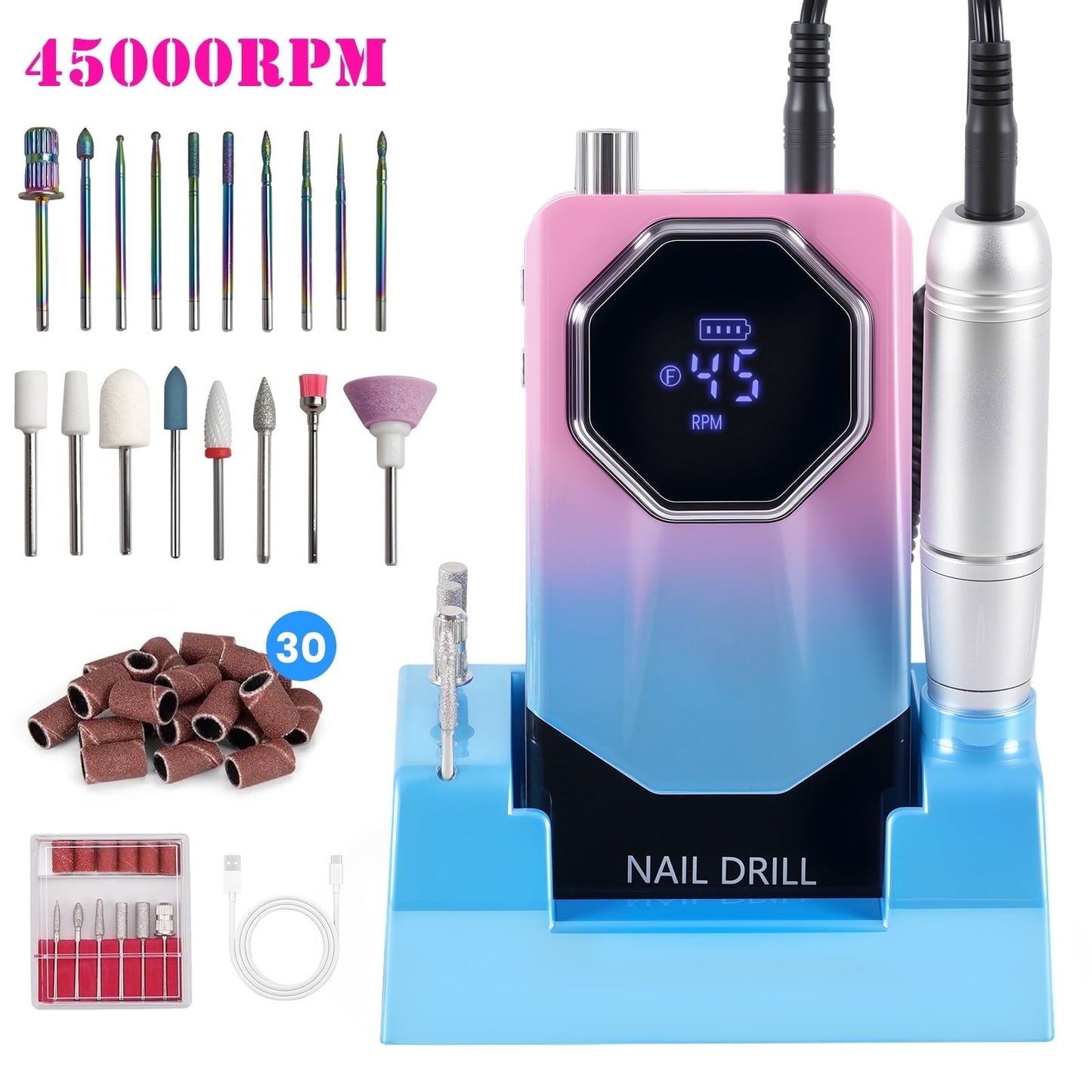Professional Nail Drill Kit 45000 RPM, Rechargeable Electric Nail File , Cordless E-File Machine with LCD Display & 24 Drill Bits for Acrylic, Gel Nails & Cuticle Care