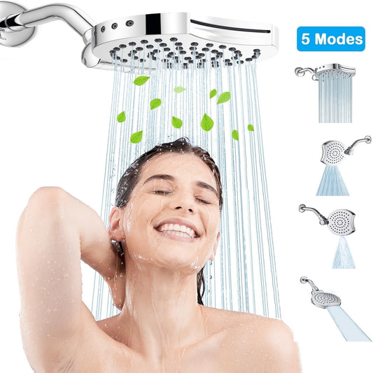 Shower Head, Multi-Function 5 Modes Water Spray with Chrome Plated Finish, Adjustable Angles, Anti-Clogging Nozzles