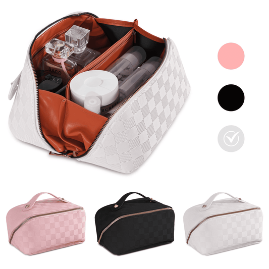 Travel Makeup Bag,Large Capacity Cosmetic Bags for Women,Waterproof Portable Pouch Open Flat Toiletry Bag Make up Organizer with Divider and Handle，White