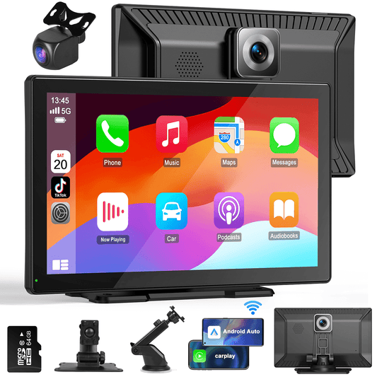 9" Apple CarPlay & Android Auto – Portable Car Stereo with 4K Dash Cam, 1080P Backup Camera, GPS Navigation, Bluetooth, Free 64GB TF Card for All Cars