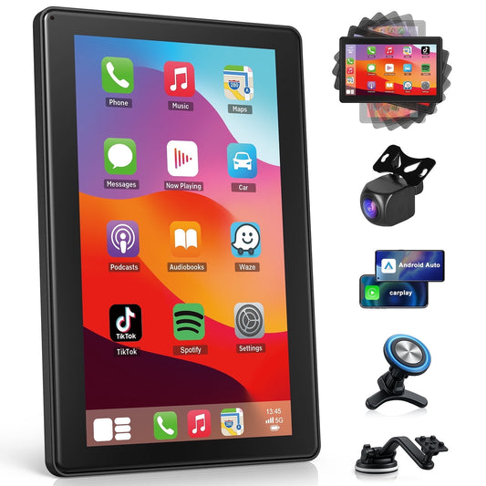 7'' Wireless Apple CarPlay & Android Auto Car Display – Portable Touchscreen with GPS Navigation, Bluetooth, Voice Control, OTA Updates, Support Landscape/Portrait Mode