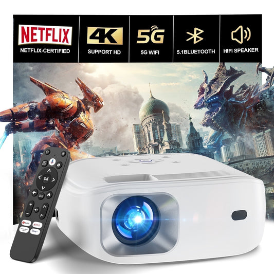 Smart Projector with Wifi and Bluetooth/Android TV Native 1080P Movie Projector Built-in Apps Google TV Portable Projector for Home Theater Office 4K Support