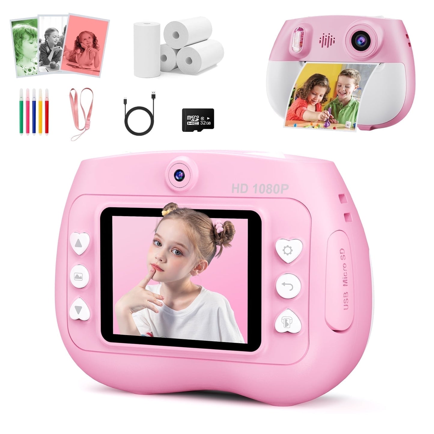 Kids Camera Instant Print, 1080P HD Digital Cameras with 32GB Storage Card & 4 Paper Rolls, Gift for Boys & Girls Ages 4-12 - Pink