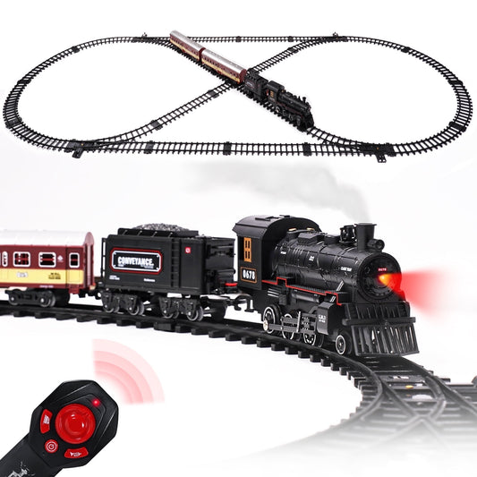 Train Set with Remote Control,  Electric Train Track W/Cargo Vehicle, Light & Sounds, Plastic Steam Locomotive Engine Train Toy Educational Gift for 5 6 7 8+ Years Old Boys Girls
