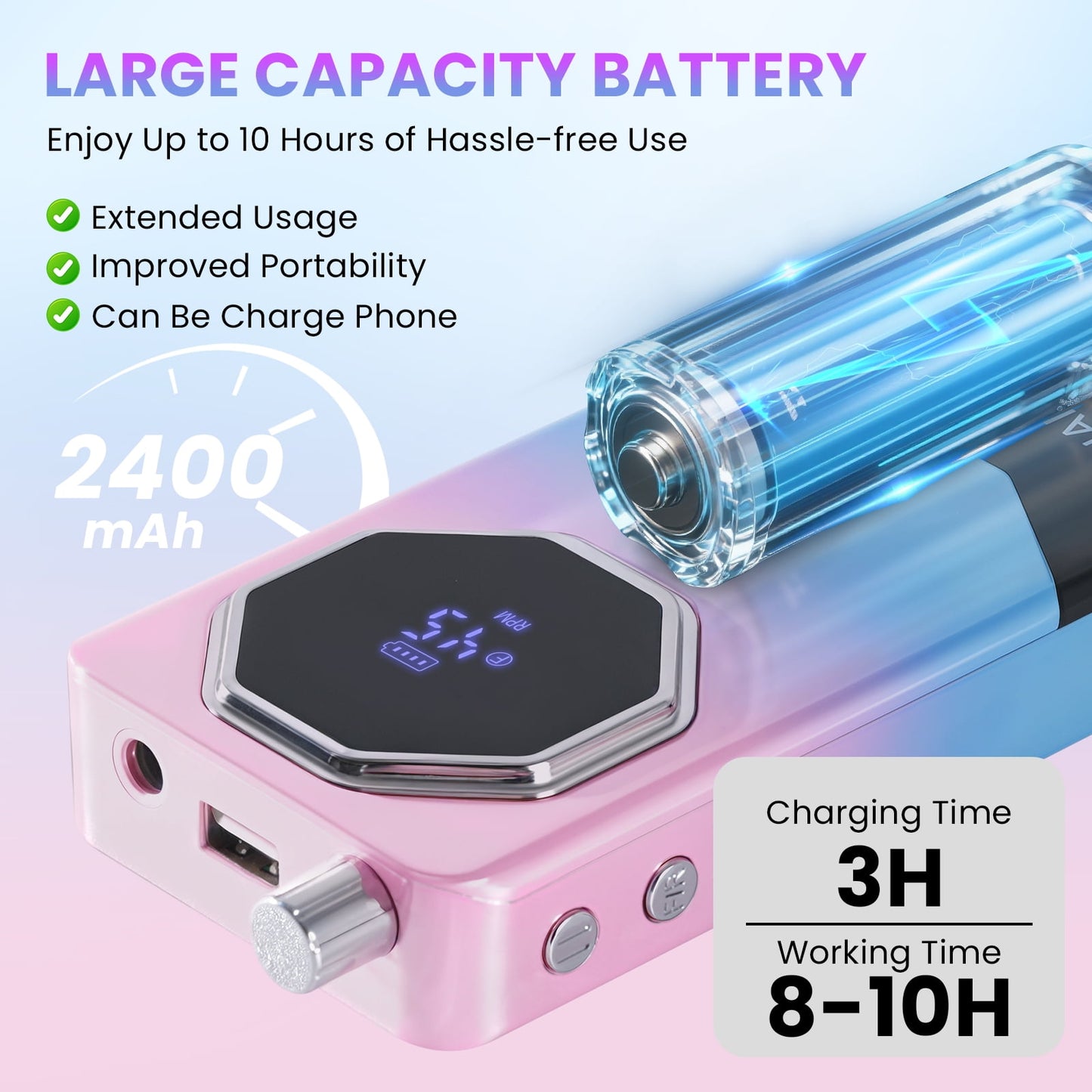 Professional Nail Drill Kit 45000 RPM, Rechargeable Electric Nail File , Cordless E-File Machine with LCD Display & 24 Drill Bits for Acrylic, Gel Nails & Cuticle Care
