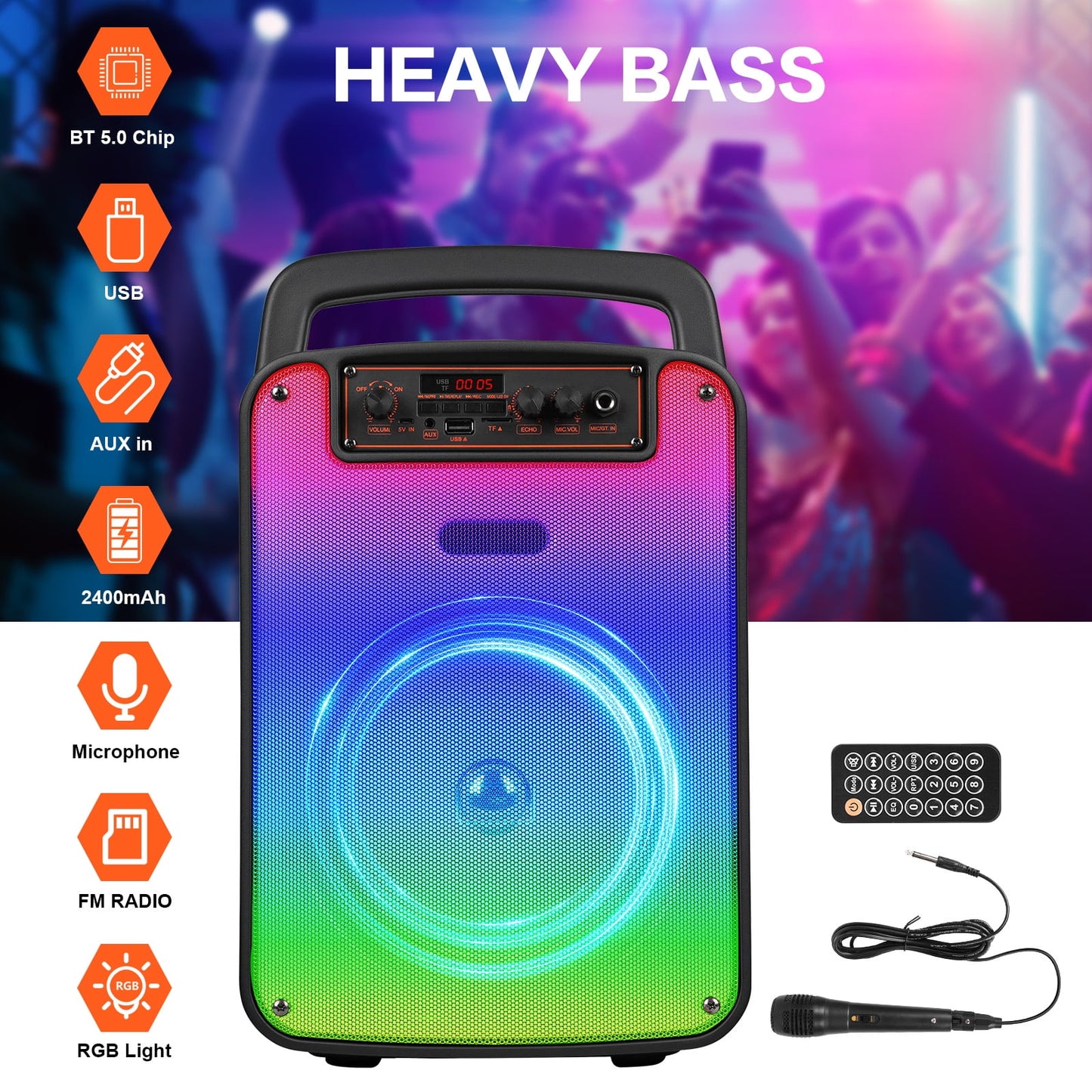 Bluetooth Rechargeable Speaker, Portable Speaker with Microphone, Speaker for Home Outdoor Party Camping, Support RGB/TWS/FM