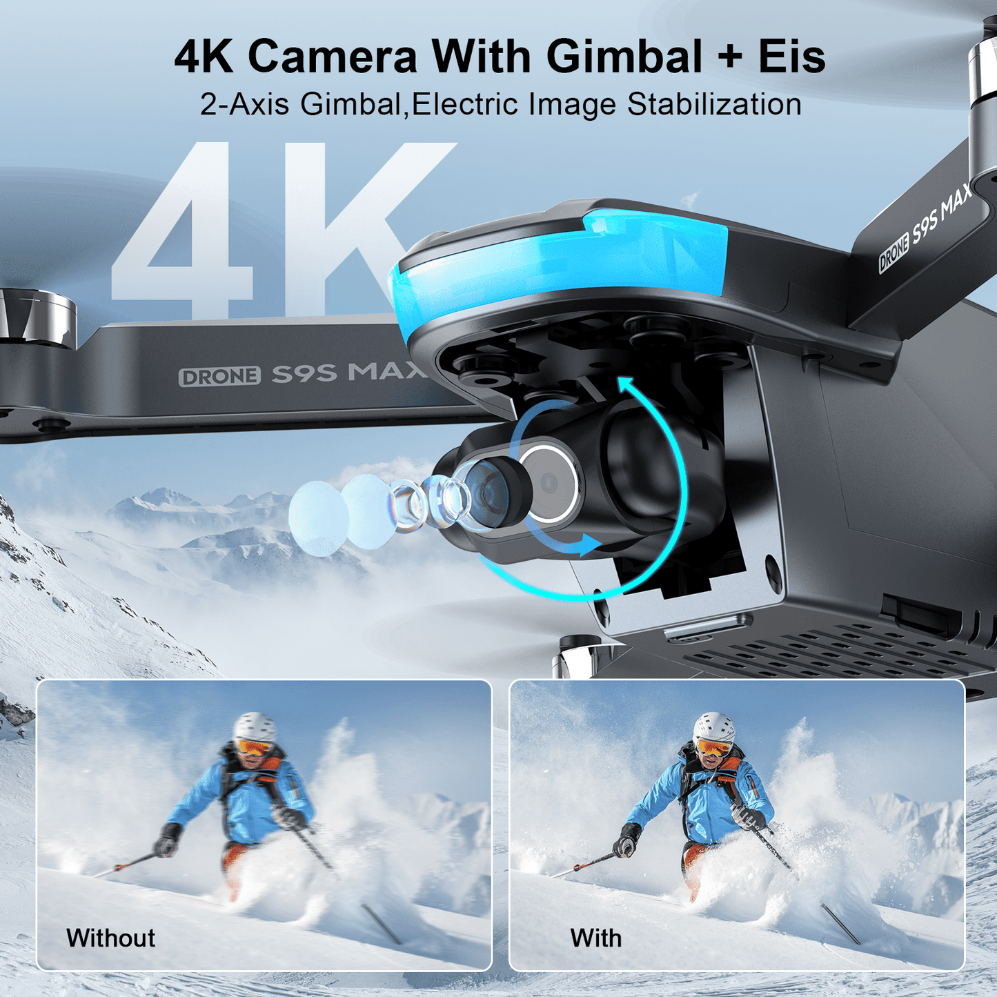 2 Axis Gimbal Drones with 4K EIS Camera for Adults Beginner, S9S FPV RC Quadcopter , 65-Min Flight Time, Optical Flow, Follow Me, Smart Return Home Gift