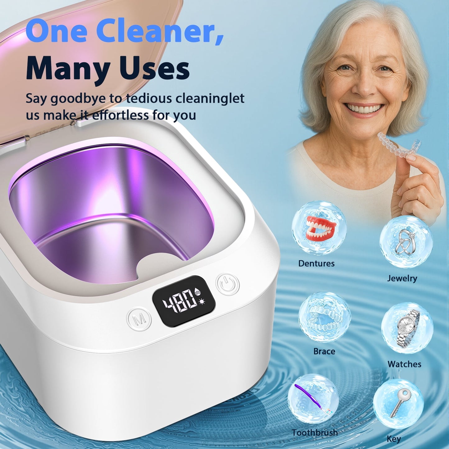 48kHz Ultrasonic Retainer Cleaner Machine with 220ML, 3 Modes, Ultrasonic Denture Cleaner for Mouth Guard, Aligners